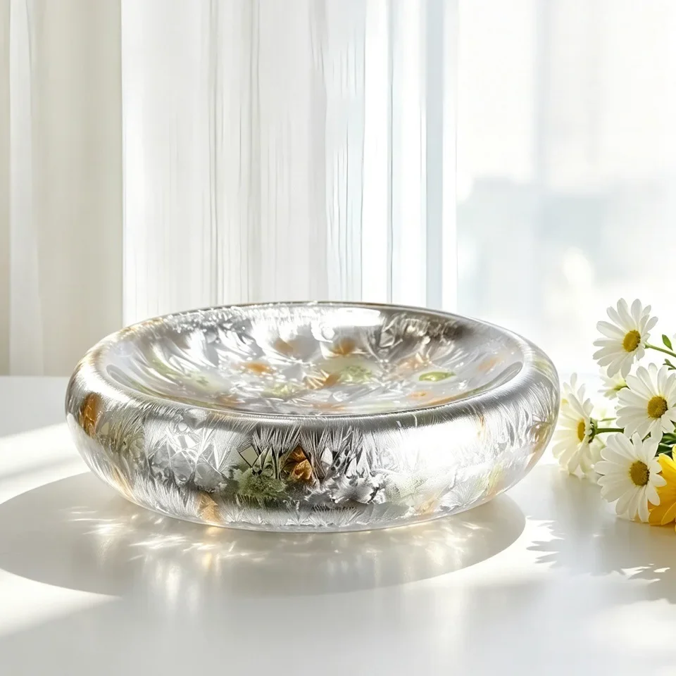 Silver Ice Flower Fruit Plate Circular Tray Glass Handicraft Desktop Storage Container Trays Decorative Jewelry Dish Trinket
