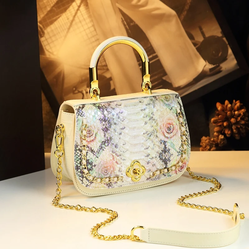 Women\'s Bag 2024 New Serpentine Leather Handbag Senior Chain Single Shoulder Crossbody Bag For Women Portable Flowers Bags