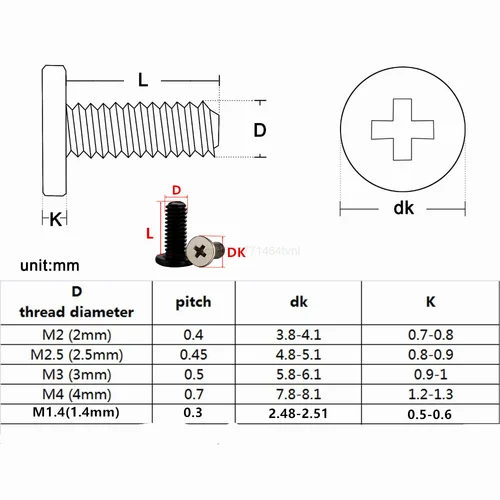 Imagen 2 del producto Tornillos pequeños de cabeza plana para ordenador portátil, M1.4, M2, M2.5, M3, M4, ranura en forma de cruz para portátil, 50/100 unidades