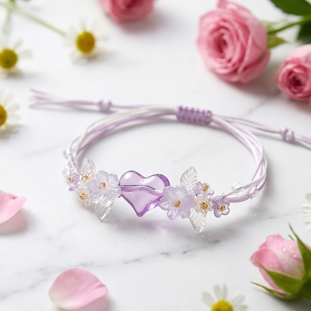 Fully handwoven adjustable pink heart synthetic rose quartz bracelet, handmade flower wrist cord.It features a transparent pink