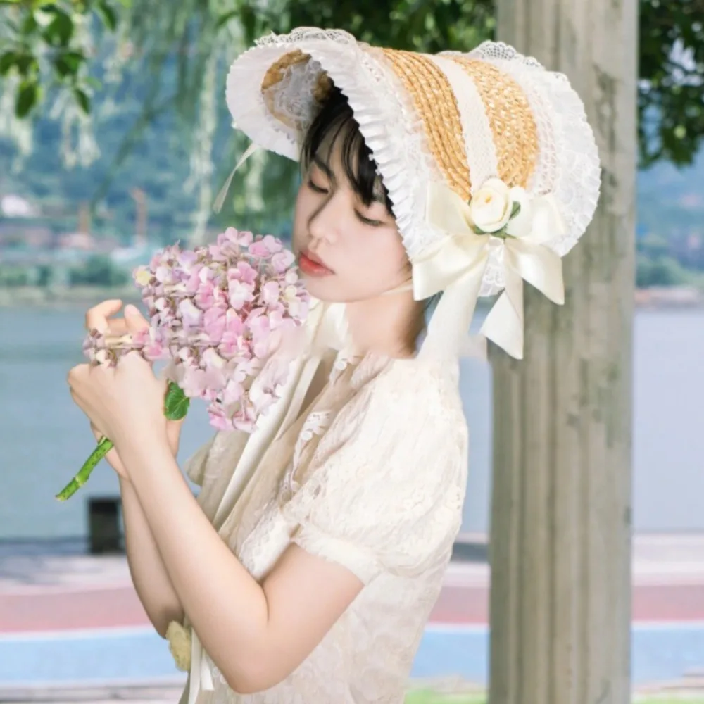 French Rural Style Lolita Straw Hat Ruffle Lace Ribbon Bow Girl Sun Hat With Strap Ribbon Flower Handmade Flat Top Hat