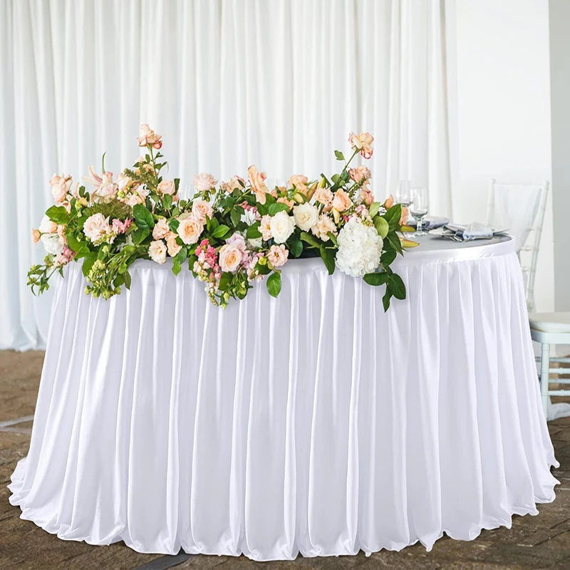 White Table Skirts Rectangle Polyester Ruffle Tablecloth for Wedding Birthday Party Baby Bridal Shower Banquet Table Decorations