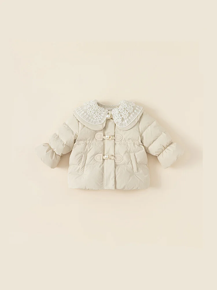 

Baby Girl Doll Collar Solid Down Jacket Winter Sweet Lace Lapel Long-Sleeved Kids Clothes Fashion Casual Warm Children Down Coat