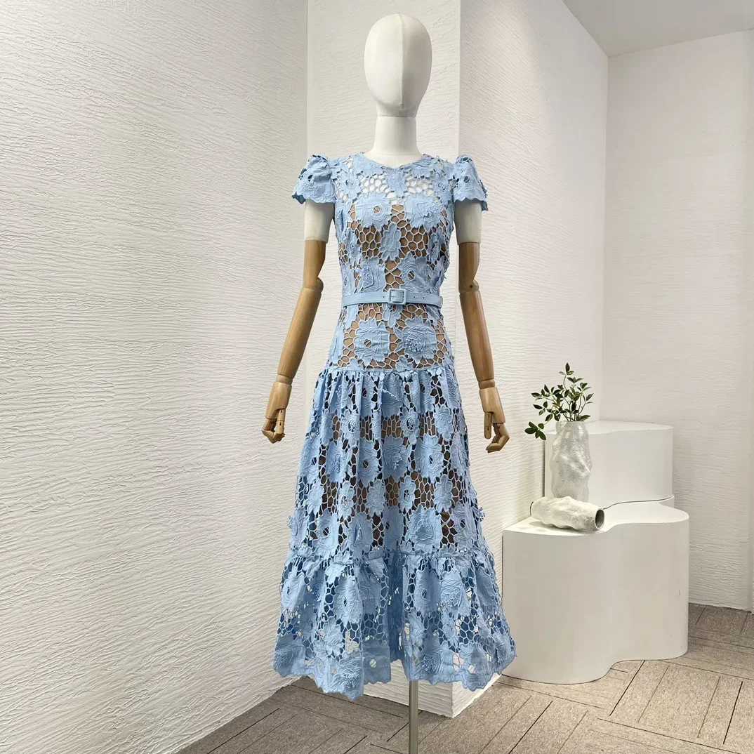 Women High Quality Hollow Out Holes Embroidery Short Sleeve Blue Midi Dress 2024 Invisible Back Zipper Closure