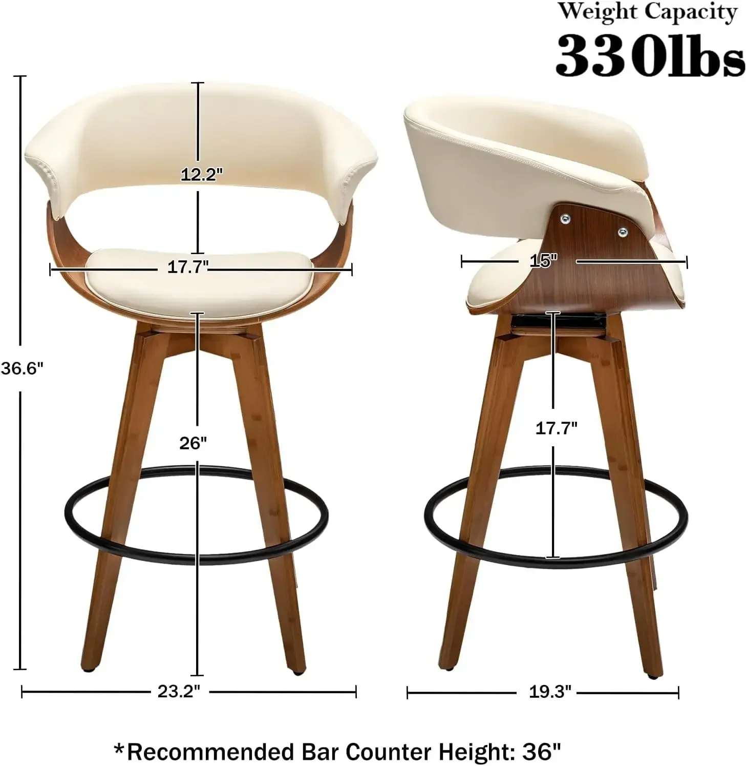 Leather Bar Stools Set of 2,Counter Height Bar Stools,26 Inch Swivel Bar Stools with Hollow Back and Wooden Legs,Cream