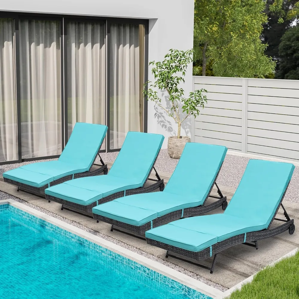 

Rattan Lounge Chair Set of 4, Wicker Outdoor Chaise Lounge w/Wheels, Removable Cushion