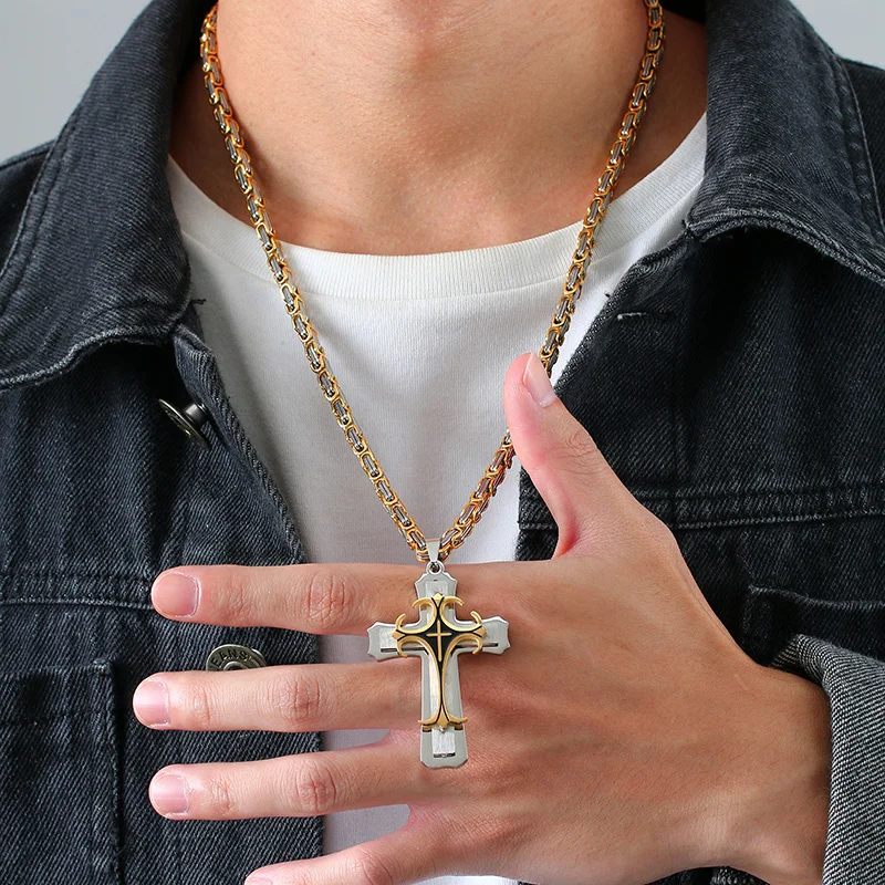 Rock Cross Necklace for Men,Gold Color Stainless Steel Stylish Byzantine Chain,Catholic Crucifix Pendant Collar Jewelry