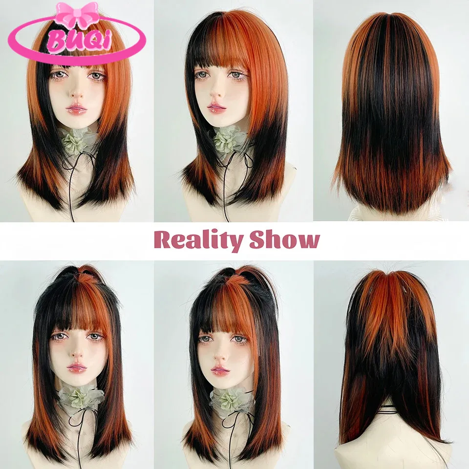 BUQI Curly Synthetic Wigs for Women Long Natural Straight Black Orange Wigs with Flat Bangs Colorful Party Heat Resistant Wig