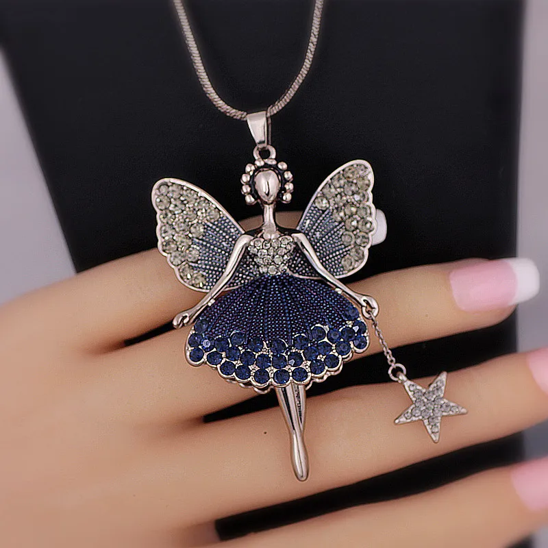 Lovely Angel Pendant Long Necklace For Women Grey Blue Crystal Sweater Chain