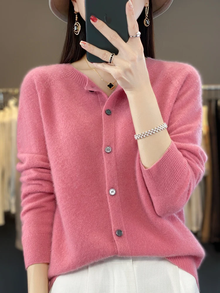 

100% Merino Wool Sweater Women's O-Neck Buttoned Cardigans Long Sleeve Knitwear Spring Autumn Winter Female Clothing Tops