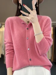 100% maglione di lana Merino cardigan con bottoni o-collo da donna maglieria a maniche lunghe primavera autunno inverno abbigliamento femminile top