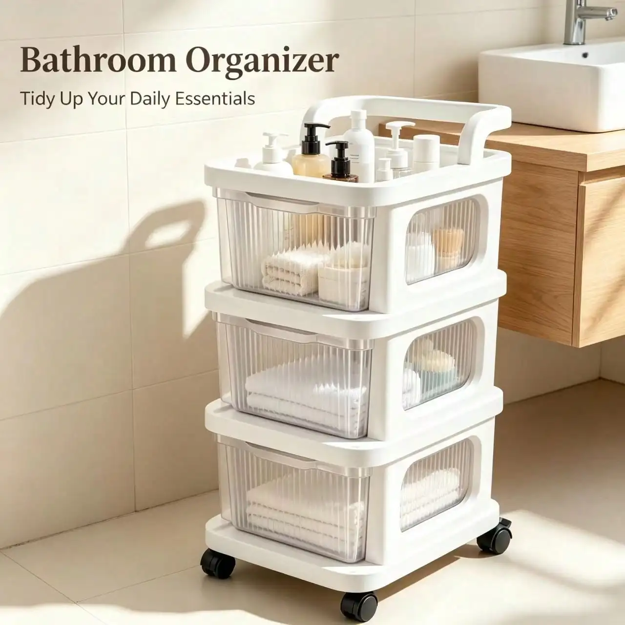 3-Tier Rolling Plastic Drawer Storage Cart With Handle & Lockable Wheels, Vertical Mobile Storage Cabinet, Free Decorative Stickers As Gift, Multi-Scene Utility Organizer Trolley For Bedroom, Bathroom, Kitchen, Office And Entryway