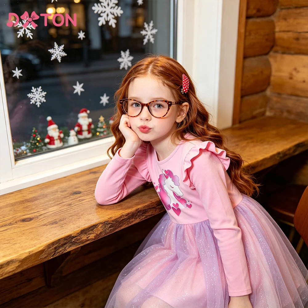 DXTON Girls Long Sleeve Party Dress Pink Unicorn Gradient Tulle Skirt Children Casual Dress Cotton Holiday Toddler Ruffled Dress