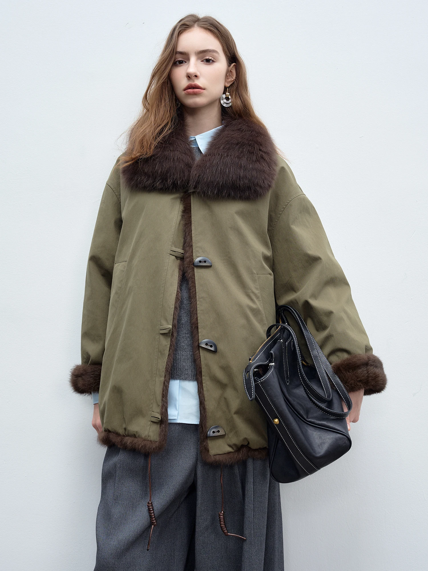 

MANMONA Fur Collar Rabbit Fur Lined Parka Coat Women's Mid-Length Fur Jaet Warmth Youth Casual Sle Korean Commute