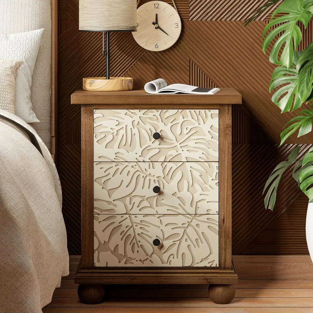 

vintage french country 3-drawer nightstand with leaf carving for bedroom and living room