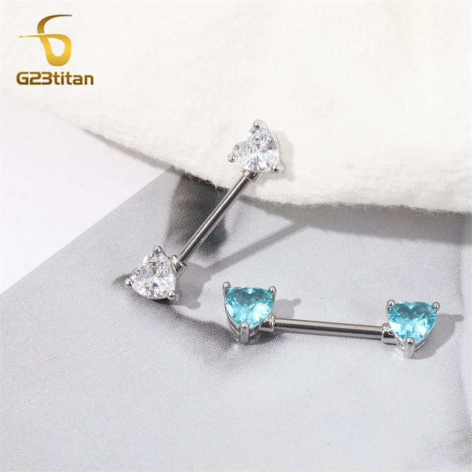 G23titan 2pcs Double Heart Zircon Nipple Rings 14G Titanium Or Steel Barbell Women Nipple Piercing Summer Jewelry Sexy Accessory
