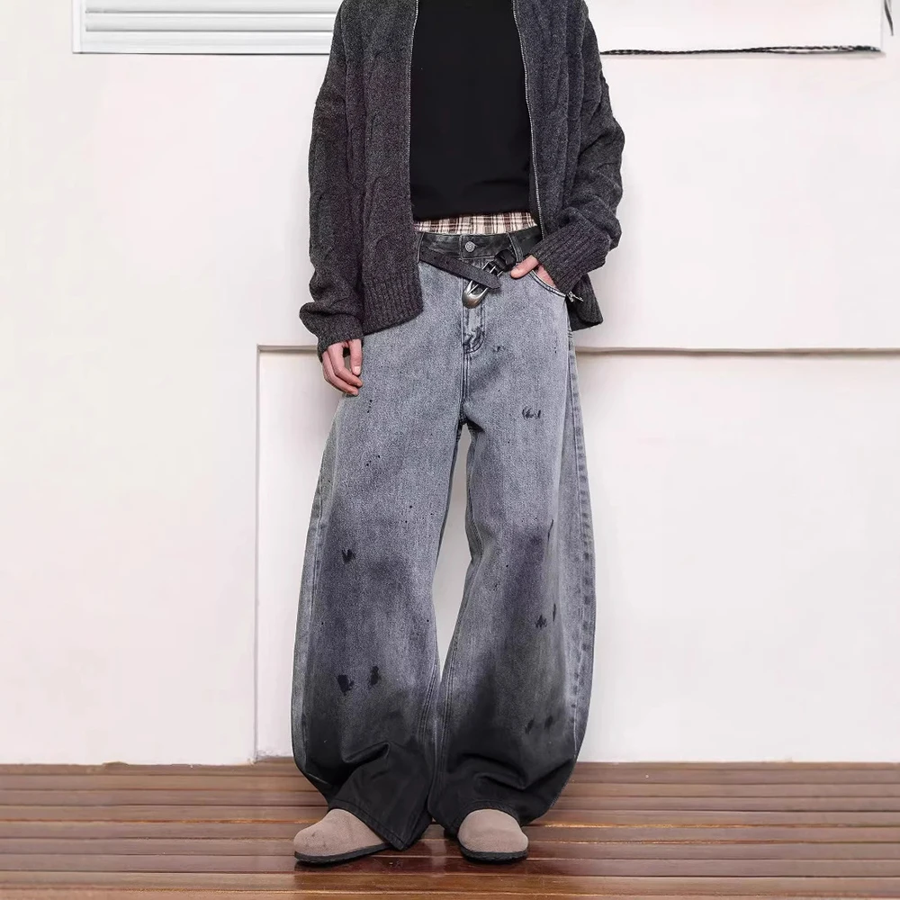 メンズジーンズ洗浄カジュアルパンツストリートアメリカンレトロファッションオールマッチ人格ワイドレッグパンツ紳士服 2025 新しい