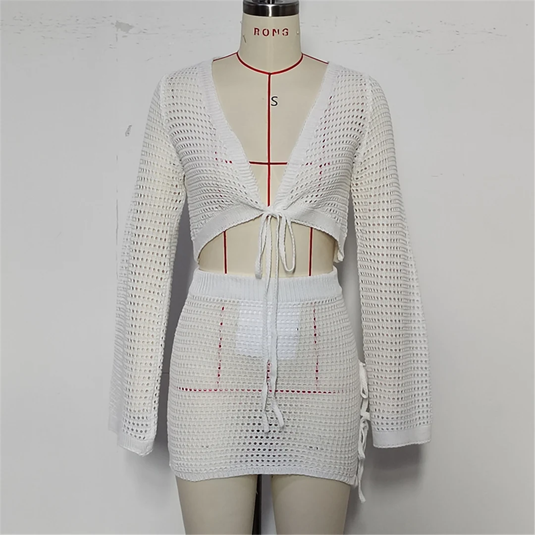 V-Ausschnitt, lange Ärmel, gehäkeltes Strickmuster, zweiteiliger Anzug, Strandkleid, Strandüberwurf, Strandmode, Damen, V6490 – Detail 14