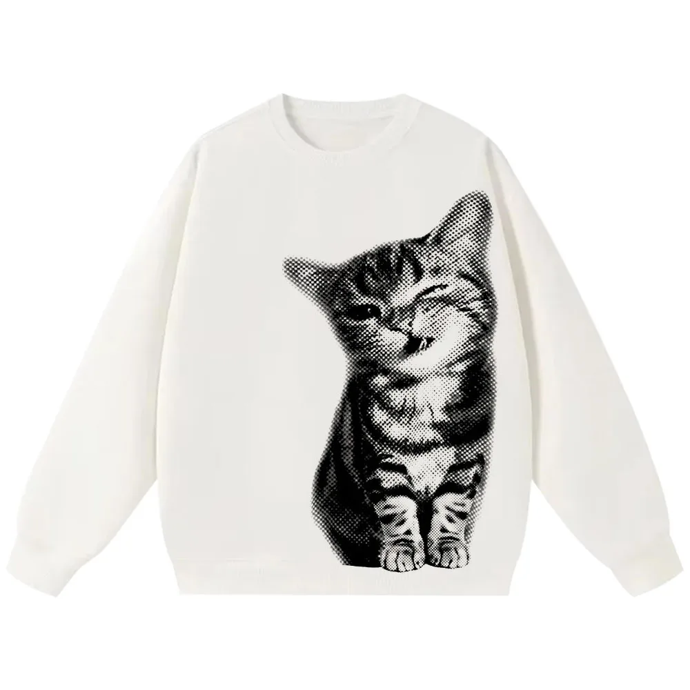 Fall/Winter 2026 New Arrivals: Kitten-Print Crewneck Sweatshirt, Y2K Style,2000s-Inspired Top, Unisex, Suitable for Any Occasion