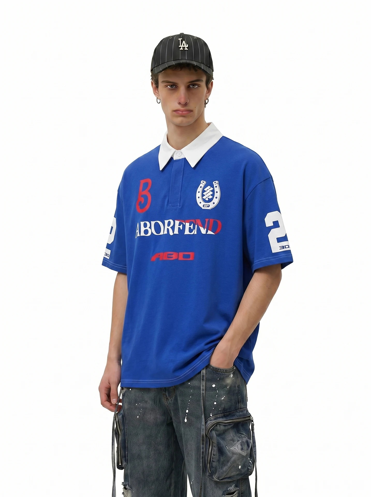 

BETEBULE American Retro Print Collar Short Sleeve Men's T-shirt Loose Fit Summer Street Style Sporty Top