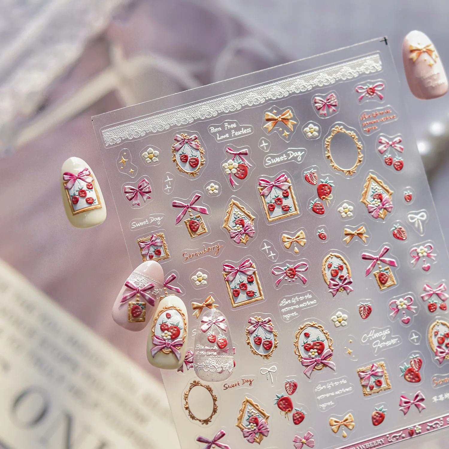 Wit konijn rode strik kant fotolijst huis cadeau aardbei bloem sneeuwvlok liefde hart nail art sticker DIY manicure