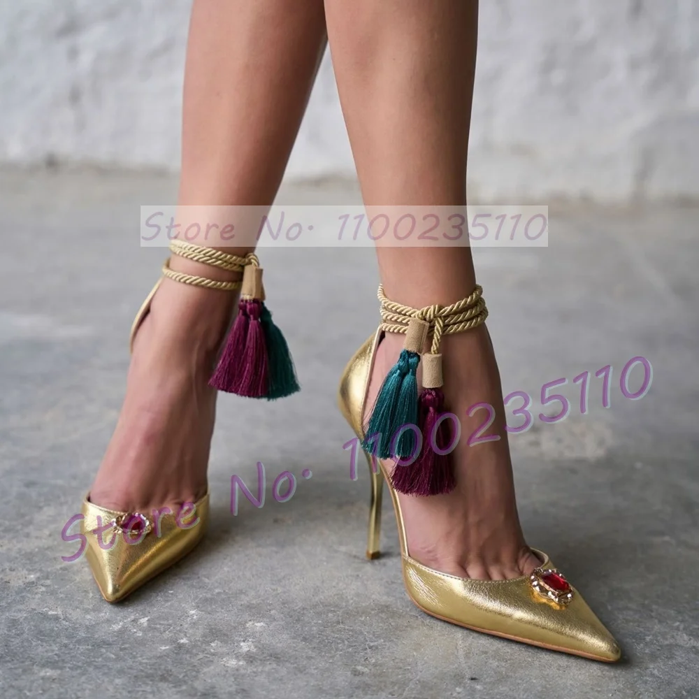 Gold Metallic Leather Fringes Sandals Women Party Patchwork Lace Up Feminine Sandals Pointed Toe Sexy Big Size Cover Heel Shoes