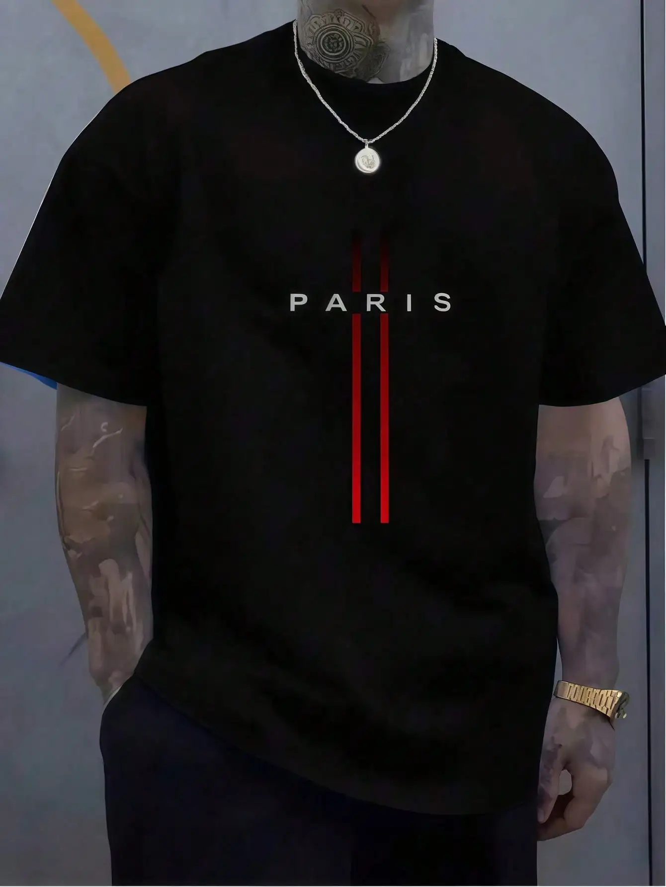 Unisex Crew Neck Black T-Shirt with Paris Lines Print, Lightweight 180gsm Knit Fabric Graphic Casual Tee, Plus Size Sizes Up To 3XL for Men