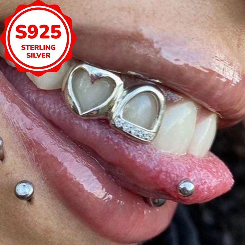 

S925 pure silver hollow bar zircon stick zircon double piece tooth set hip-hop tooth accessory