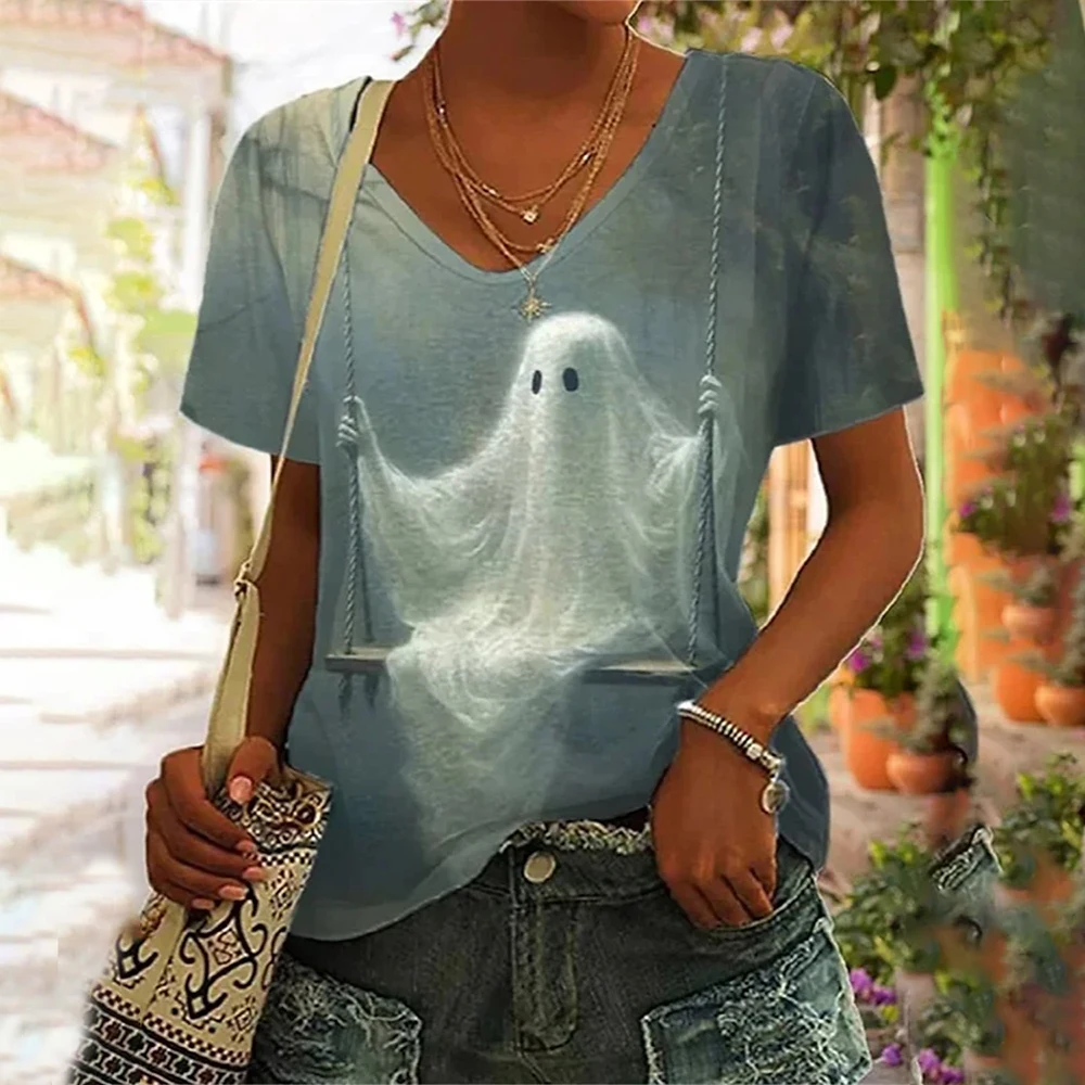 

T Shirt For Women 3d Funny Spectre Print V Neck Short Sleeve Basic Tops Streetwear 2023 Summer Casual Oversized Female Clothing