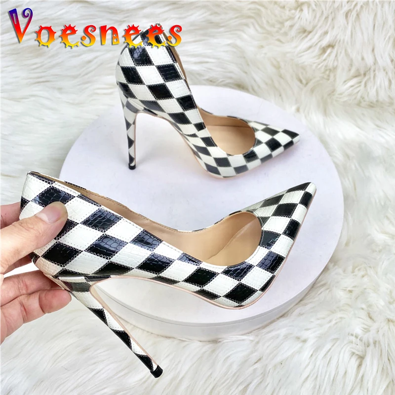 Voesnees Everyday Casual Single Shoes Women\'s Rhombus Pattern Color Matching High Heels Office Fashion Design Girls Pumps 12CM