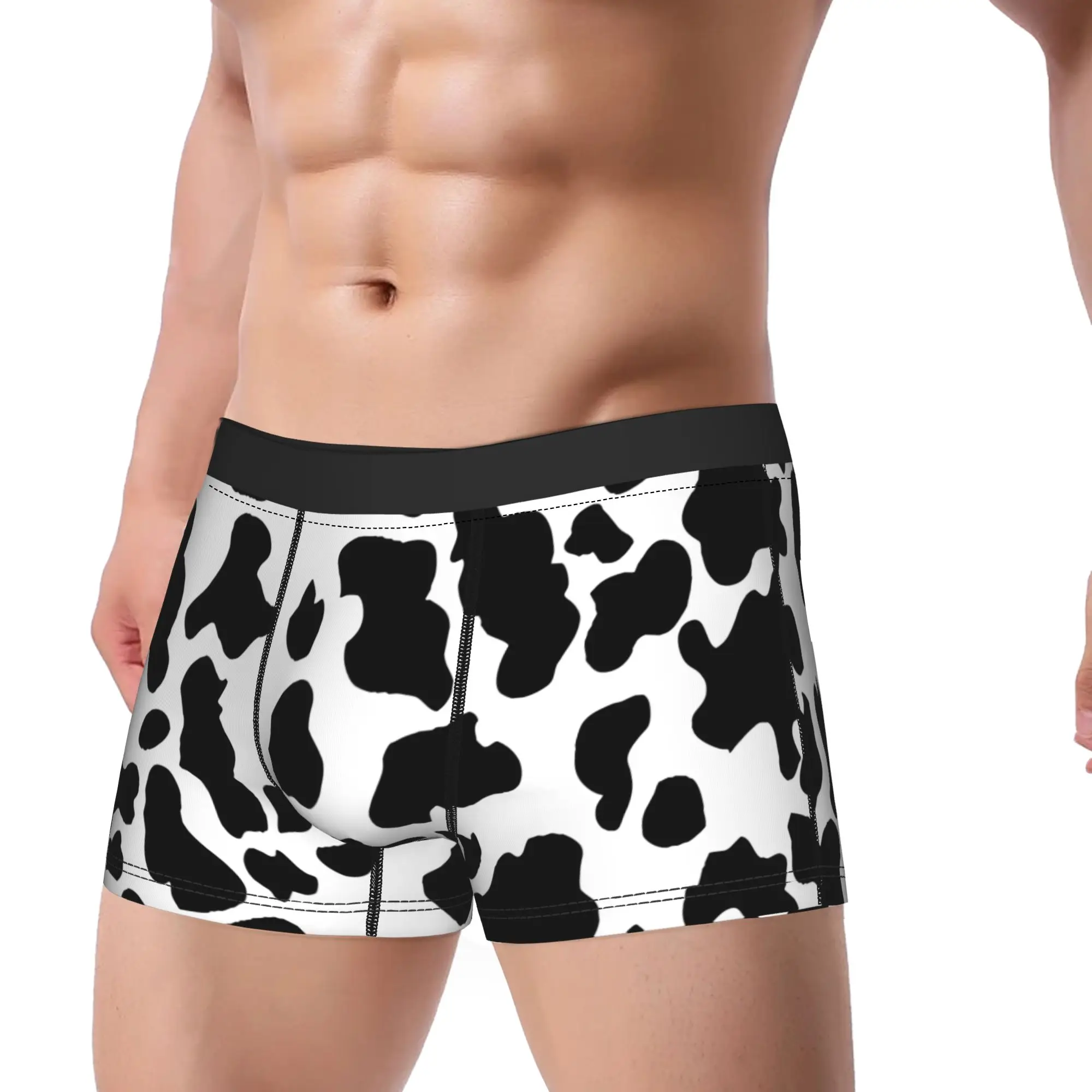 Men's Cow Print Pattern Long Underwear Animal Funny Boxer Briefs Shorts Panties Male Breathable Underpants M-XXL