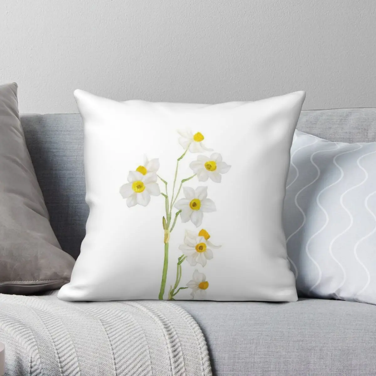 White Narcissus Flower Square Pillowcase Polyester Linen Velvet Creative Zip Decorative Pillow Case Bed Cushion Case 45x45