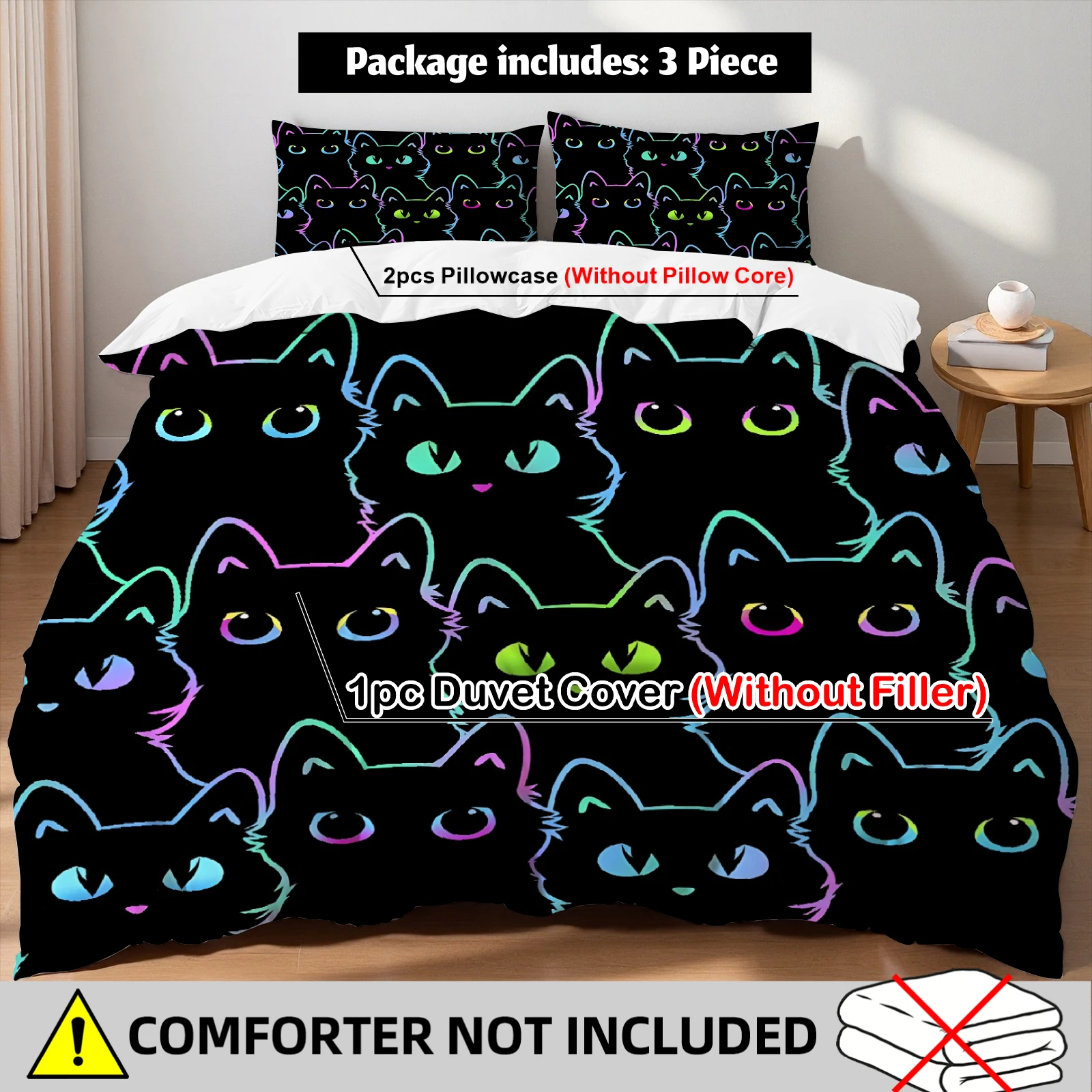 Glowing Neon Cat Duvet Cover Set Multicolor Cat Head Bedding For Teens Girls Bedroom Twin Queen King Size With Pillowcases