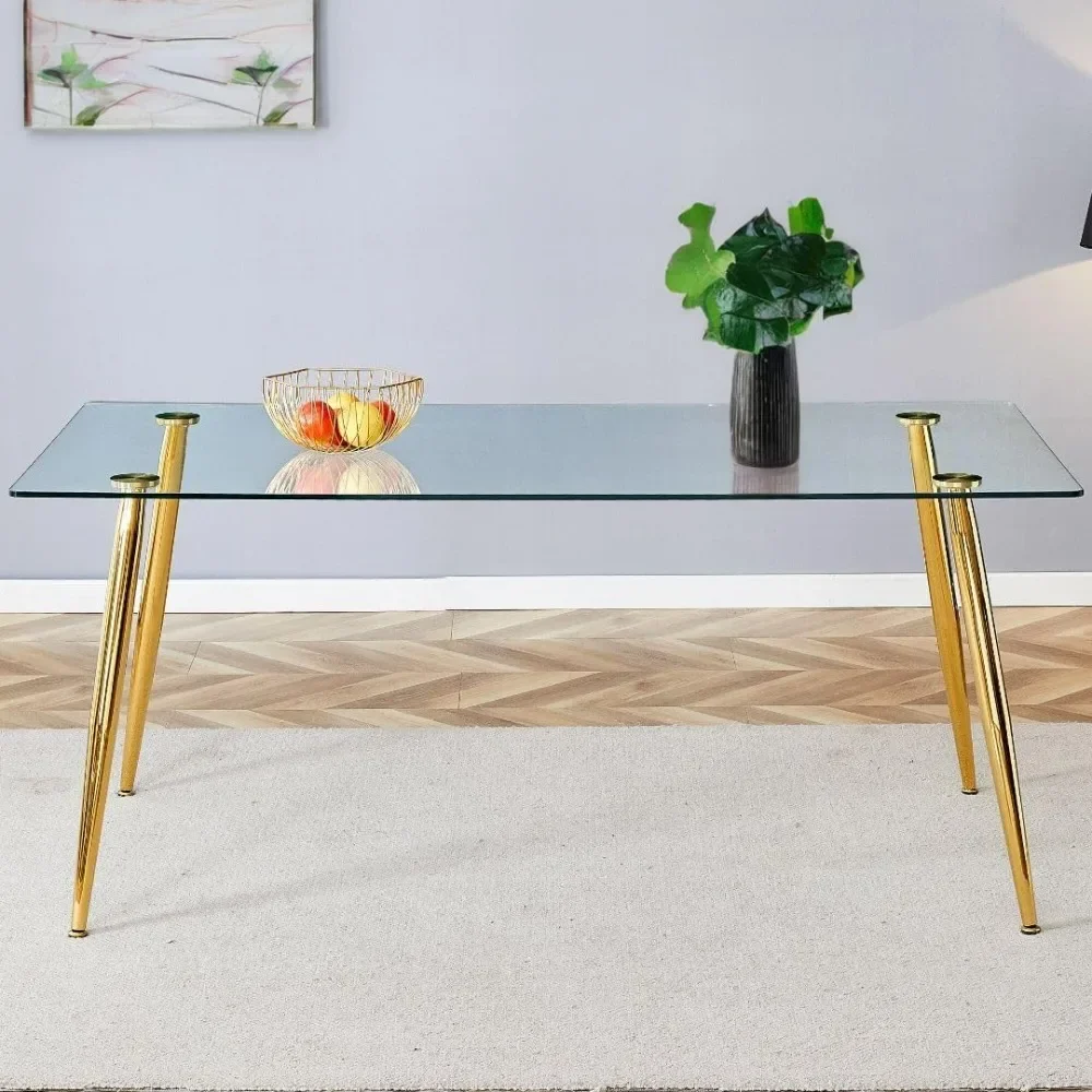 71 Inch Glass Dining Table, Modern Rectangle Gold Dining Table with 0.4'' Tempered Glass Tabletop for Dining Room, Living Room