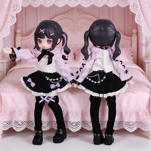 OB11 Gothic Lolita Doll Clothes Pearl Chain Decoration Pleated Skirt & Bow Collar Lace Trimmed Top Paired with Half Socks