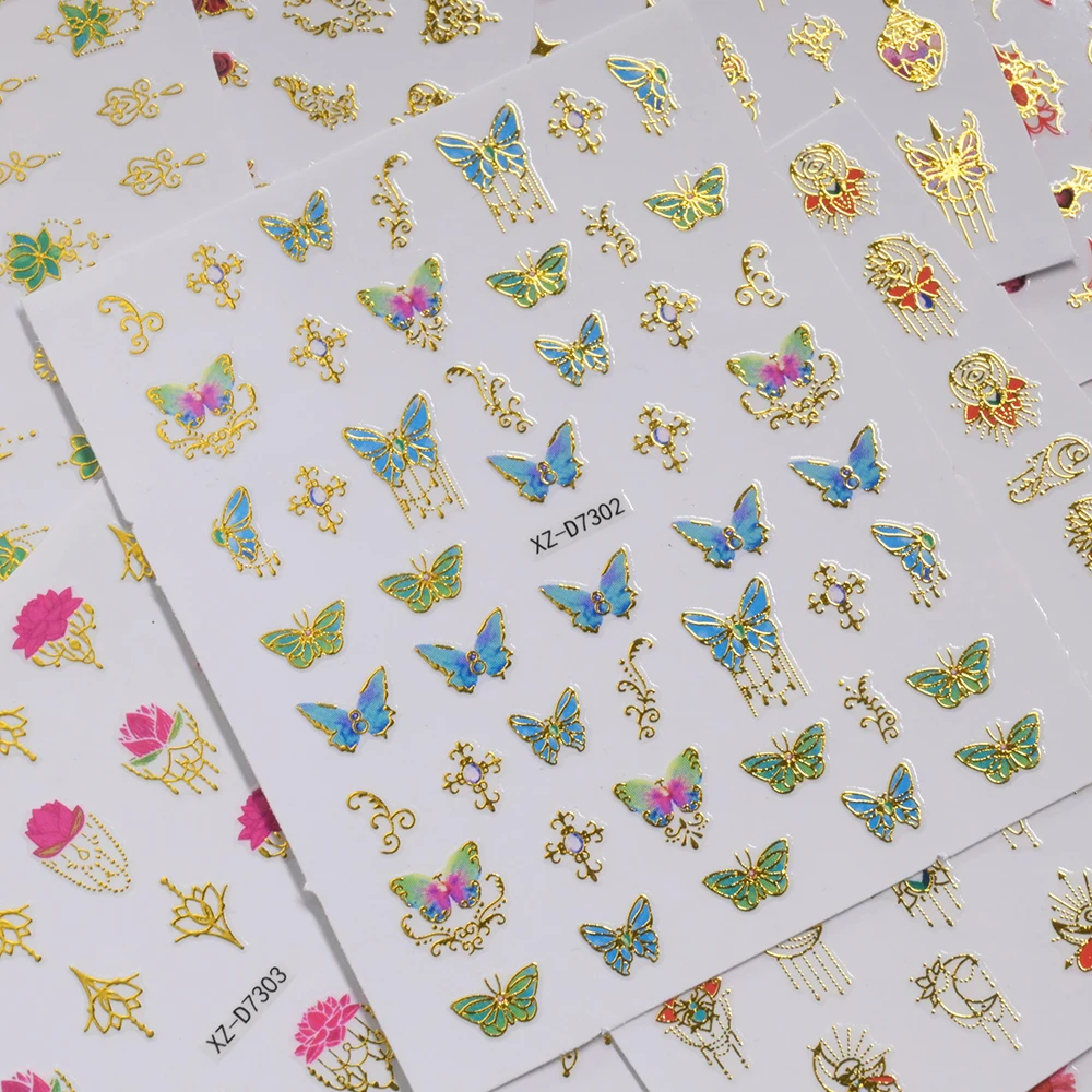 1 stks 5D Bronzing Kwastje Vlinder Nail Art Stickers Retro Lotus, Vouwventilator Zelfklevende Nail Decals Kwasten Charme Manicure Decor 1 &