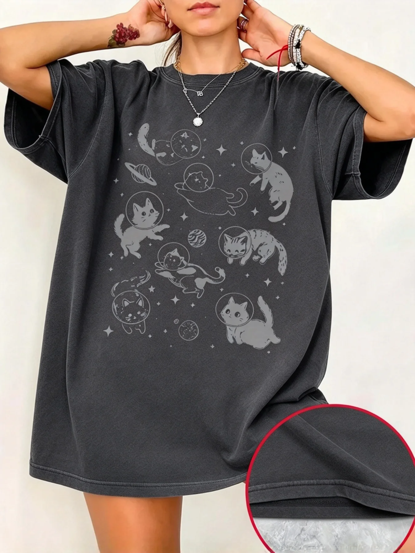 Fastest Delivery: 5 BUSINESS DAYSSpace Cat Pattern Printed Round-neck Short-sleeved Shirt, Loose Off-the-shoulder