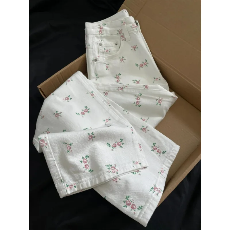 

Ladies Cute Pink Flower Print Wide Leg Jeans, High Waist Loose Fit Casual Denim Trousers for Daily and Streetwear