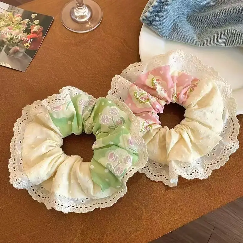 

New Korean Summer Lace Edge Bow Fabric Floral Elastic Scrunchy Set for Women Fresh Sweet Hair Accessory Premium Portable