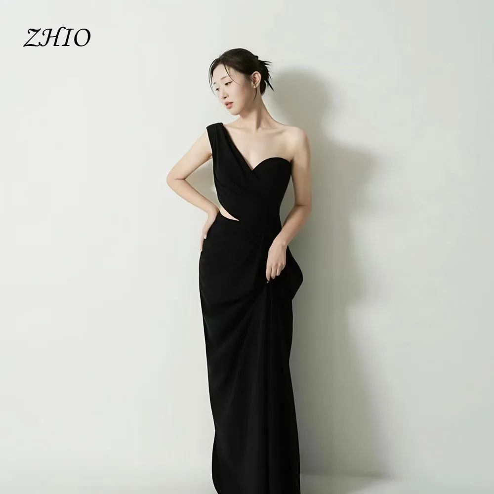 ZHIO Eegant One Shoulder Wedding Party Dress Black Satin Floor Length Cut Out Korea PhotoShoot Bridal Reception Dress Custom