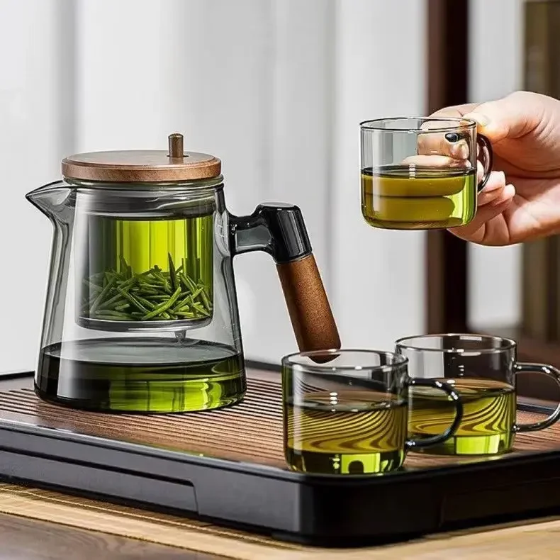 One Click Magnetic Switch Tea Separation Filtration Glass Tea Pot Wood Handle Tea Water Separation Inner Container Teapot