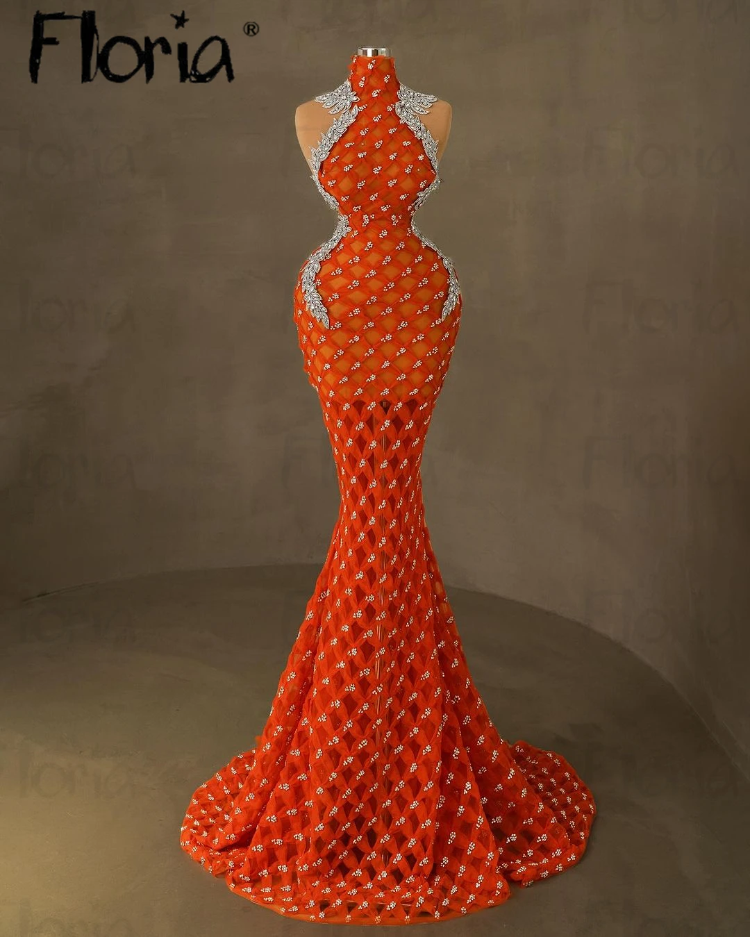 Floria Summer Orange Sleeveless Party Event Dress Sparkle Mermaid Illusion Cocktail Gowns Dubai Customize Crystals Prom Gowns