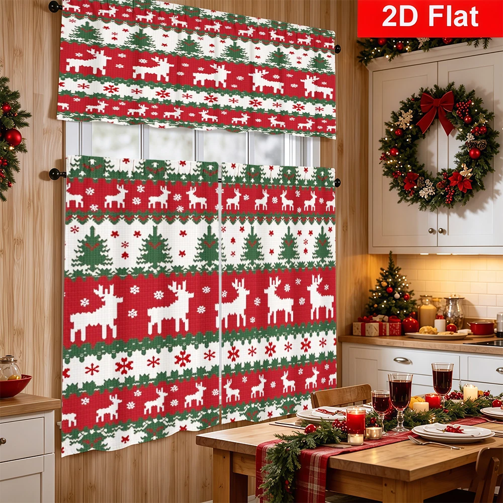 Christmas Kitchen Curtains, Fair Isle Knit Reindeer, Digital Print, Kitchen Dining Room, Rod Pocket Polyester, Home Decor