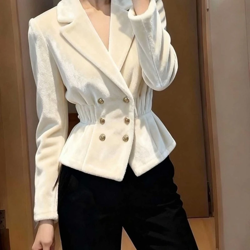 

Spring Fall Women Suit Collar High Waisted Double Breasted Velvet White Coat , Woman Fashion Elegant Slim Coats