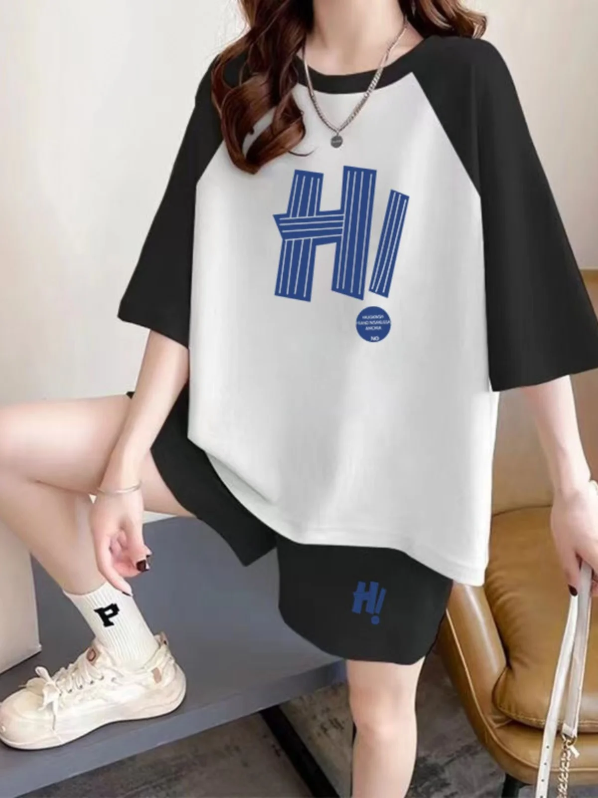 

Summer Loose Casual Sportswear Set Women's Printed Short Sleeve T-Shirt Shorts Two-Piece Set Cover Belly Fashion Student