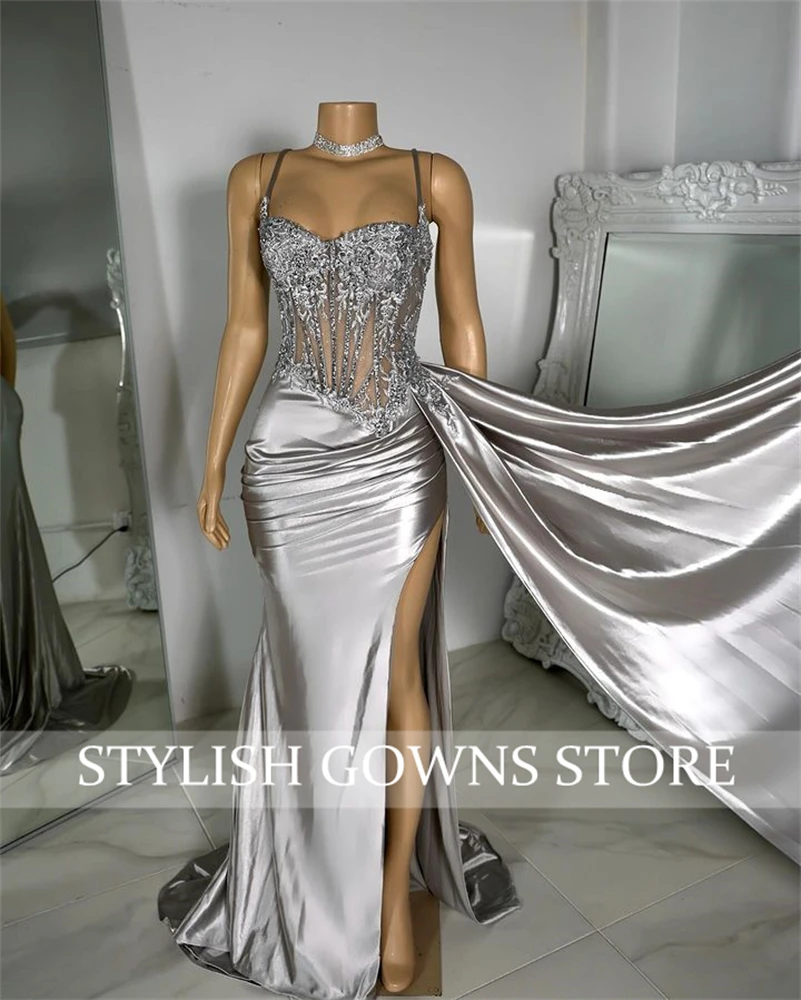 Silver Sweetheart Long Prom Dress For Black Girls 2024 Pleats Birthday Party Dresses Applique High Slit Evening Gowns Customized