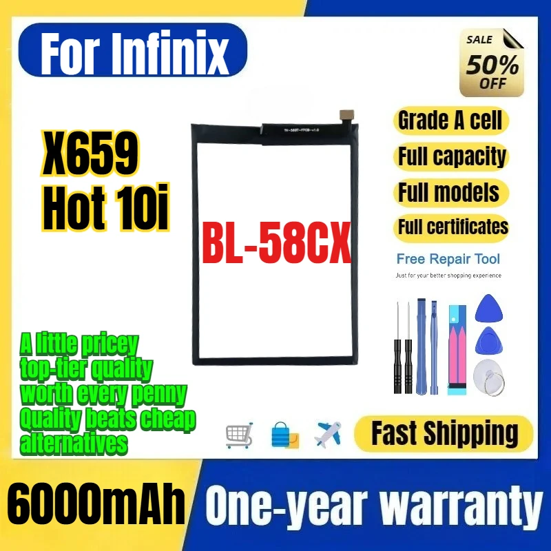 BL-58CX for Tecno Infinix X659/Hot 10i Phone Batteries 0 Cycle High Capacity Battery Replacement Bateria Grade A Cell with Tools