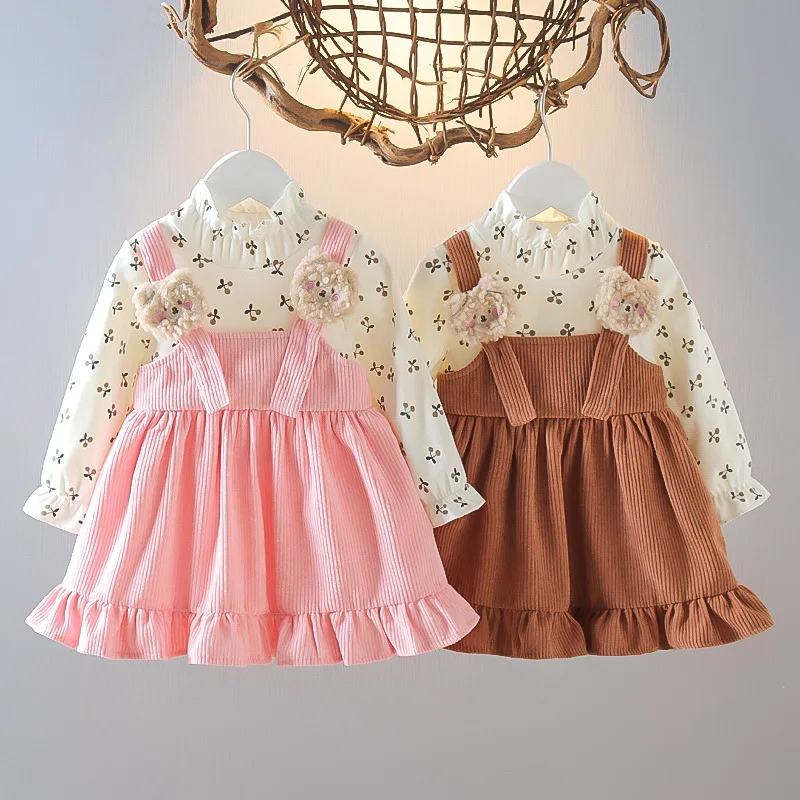 

Spring Kids Dress Cherry Printed Long Sleeved Baby Girl Dress Cute Bear Baby Outing Dress