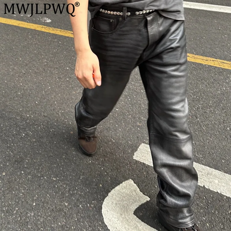 MWJLPWQ Men's Stylish Leather Pants High Street Fashion Slim-Fit Slightly Loose Design Trousers 2026 Autumn New 20396