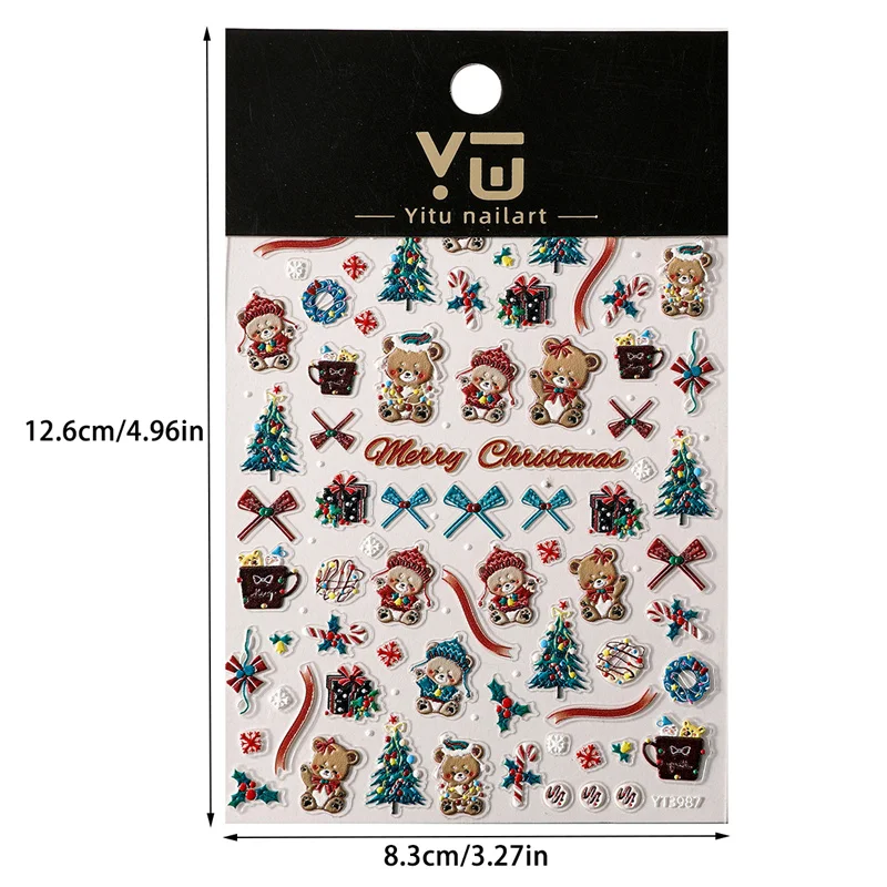 3D Cute Bear Christmas Nail Art Sticker Embossed Christmas Tree Gift Box PVC Adhesive Nail Art Decals DIY Manicure Salon